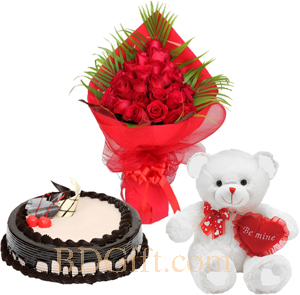 Rose W/ Cake & Teddy Bear