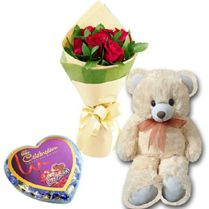 (03) Red roses W/ chocolate and Bear