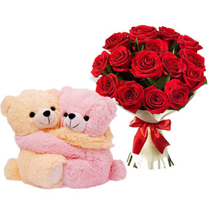 Twin bear W/ 1 Dozen red roses 