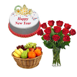 (13) Fruit Basket W/ Cake  & Flower