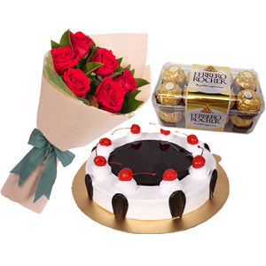 2.2 pounds Black Forest Cake W/ 6 pcs Red Roses & Ferrero Rocher chocolate