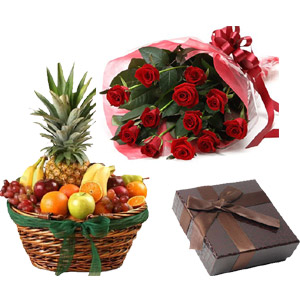 (16) Fruit Basket W/ 1 dz Red Roses & Chocolate