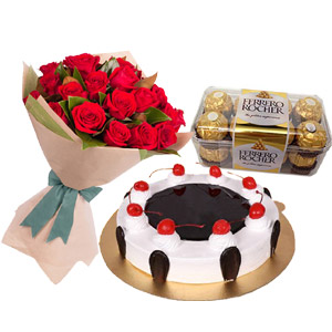 2.2 pounds Black Forest Cake W/ 2 Dozen Red Roses & Ferrero Rocher chocolate