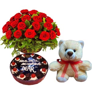 Tasty treat - 2.2 pounds Black Forest Cake W/ 2 Dozen Red Roses & bear