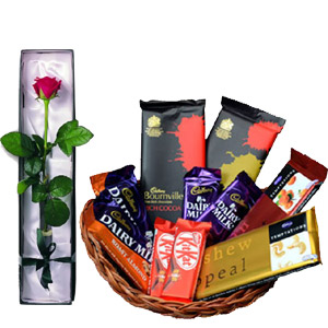 (23) Assorted Choco Lover Basket W/ 1 Piece Red Rose in a box