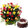 Skylark- 2.2 pounds Black Forest Cake W/ 50 pieces Mixed Roses in a Basket
