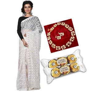 (21) Jamdani Saree W/ Necklace & Chocolate