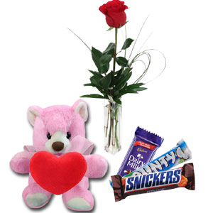 Rose with bear and chocolates