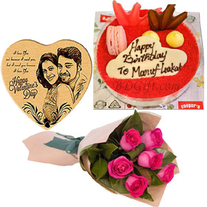 (34) Wooden photo W/ cake & roses