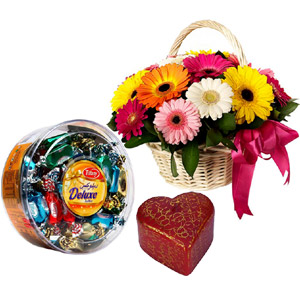 Flowers Basket W/ Chocolates & Candle