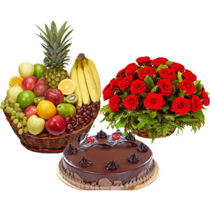 2.2 Pounds Chocolate Cake W/ Fruits Basket & 2 Dozen Red Roses