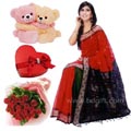 Maasline Cotton sharee Sharee W/ 12 pcs Rose , Chocolate & Twin Bear