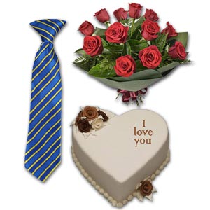 (75) Vanilla Heart Cake W/ 12 pcs Red Roses & Tie