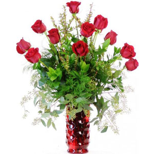 1 dozen red roses in a vase