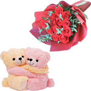 Twin bear W/ 1 Dozen red roses 