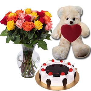 (24) Swiss  - Black Forest Cake W/Bear & 24 mix roses in vase