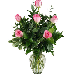 (0007) Imported 6 pcs Pink Roses in a Vase