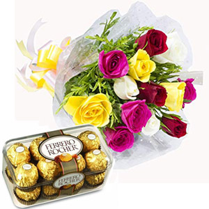 Multicolor Roses W/ Ferrero Rocher Chocolate