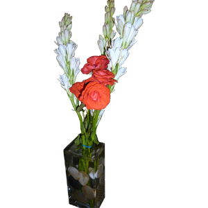 Rajanigandha and rose in a vase