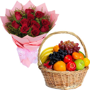 (43) 1 Dozen Red Roses w/ Mixed Fruits