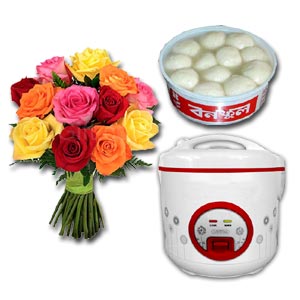 (0006) Rice Cooker W/ Sponge Rosogolla & 12pcs multicolor roses in a bouquet