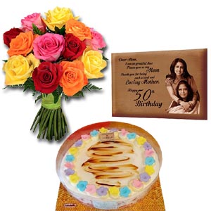  Flowers W/ Cake & Wooden Frame