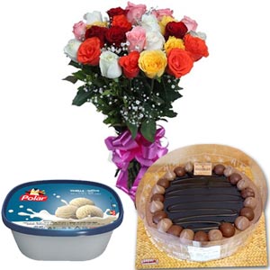 (000009) Mix roses in bouquet with ice cream and chocolate cake