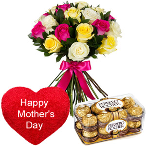 (000010) Multi color roses in bouquet with heart shape pillow and chocolates