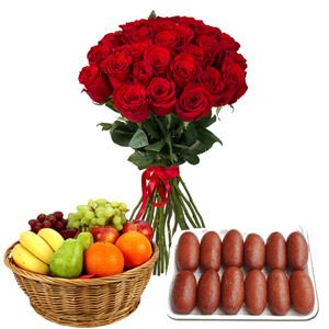 (000013) Red roses in bouquet with fruit basket and sweet