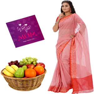 (000016) Cotton silber sharee with fruits and card