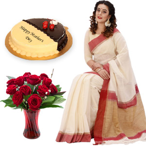 (000017) Half silk sharee with cake and red roses in vase