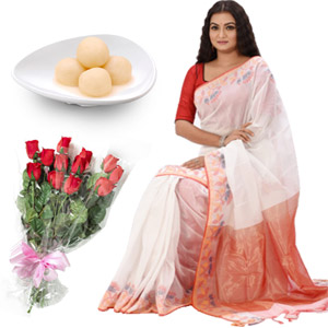 (000018) Half silk sharee with red roses and sweet