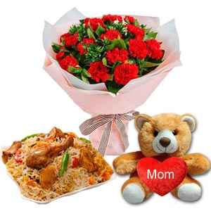 (000020) Red carnations with teddy bear and biryani