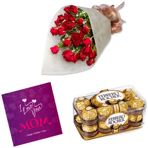 (000003) Red roses in bouquet with card and chocolates