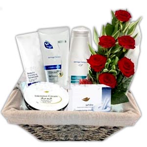 (68) Cosmetic Gift basket W/ 6 Piece Red Roses