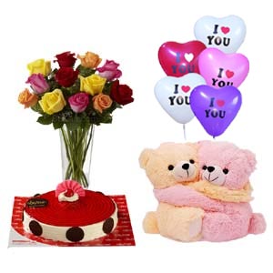 Cake W/ balloons, teddy and roses