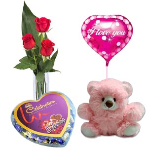 (71) 3 Pcs Yellow Roses in vase w/ Bear, Chocolate & Balloon 