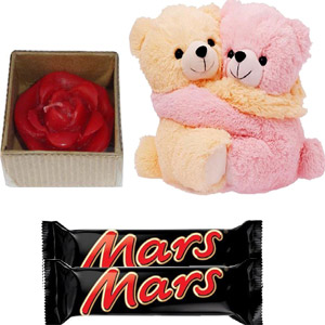 Twin teddy W/ chocolates & candle