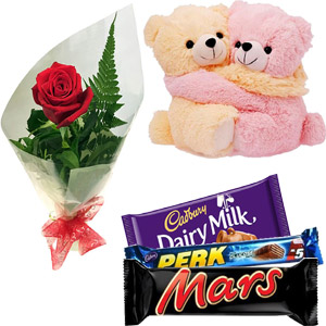 Twin teddy bear W/ chocolates & red rose