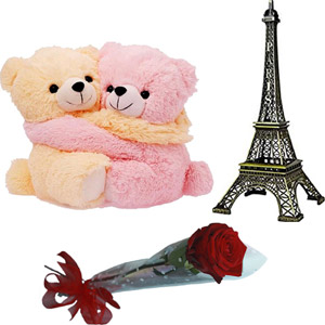 (45) Twin teddy bear W/ red rose & eiffel tower